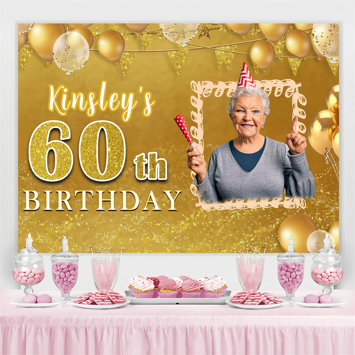 Custom Birthday Backdrops Festive Balloon Cheerful Gold Backdrop MRR3-149