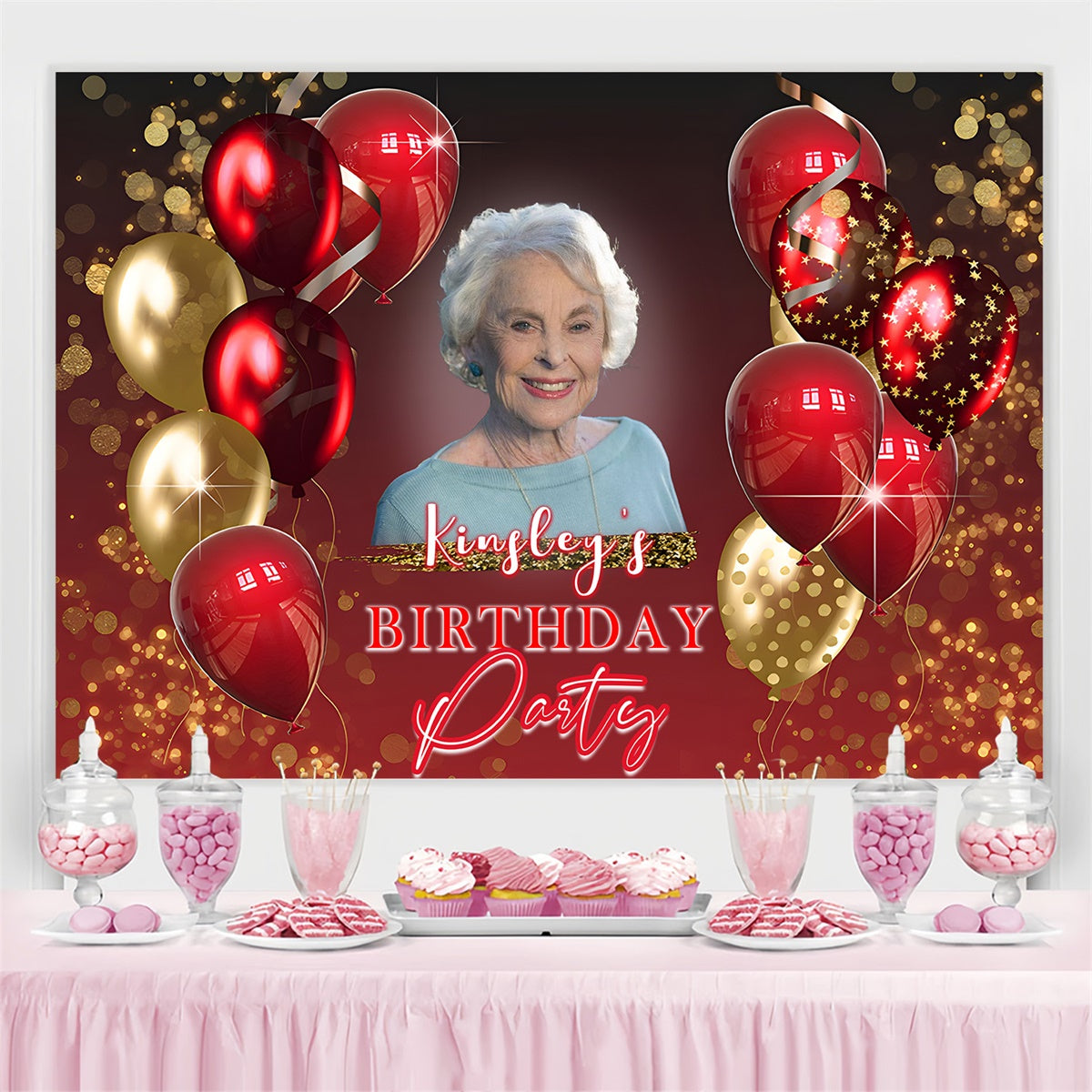 Custom Made Birthday Backdrops Red Gold Balloon Sparkle Backdrop MRR3-150