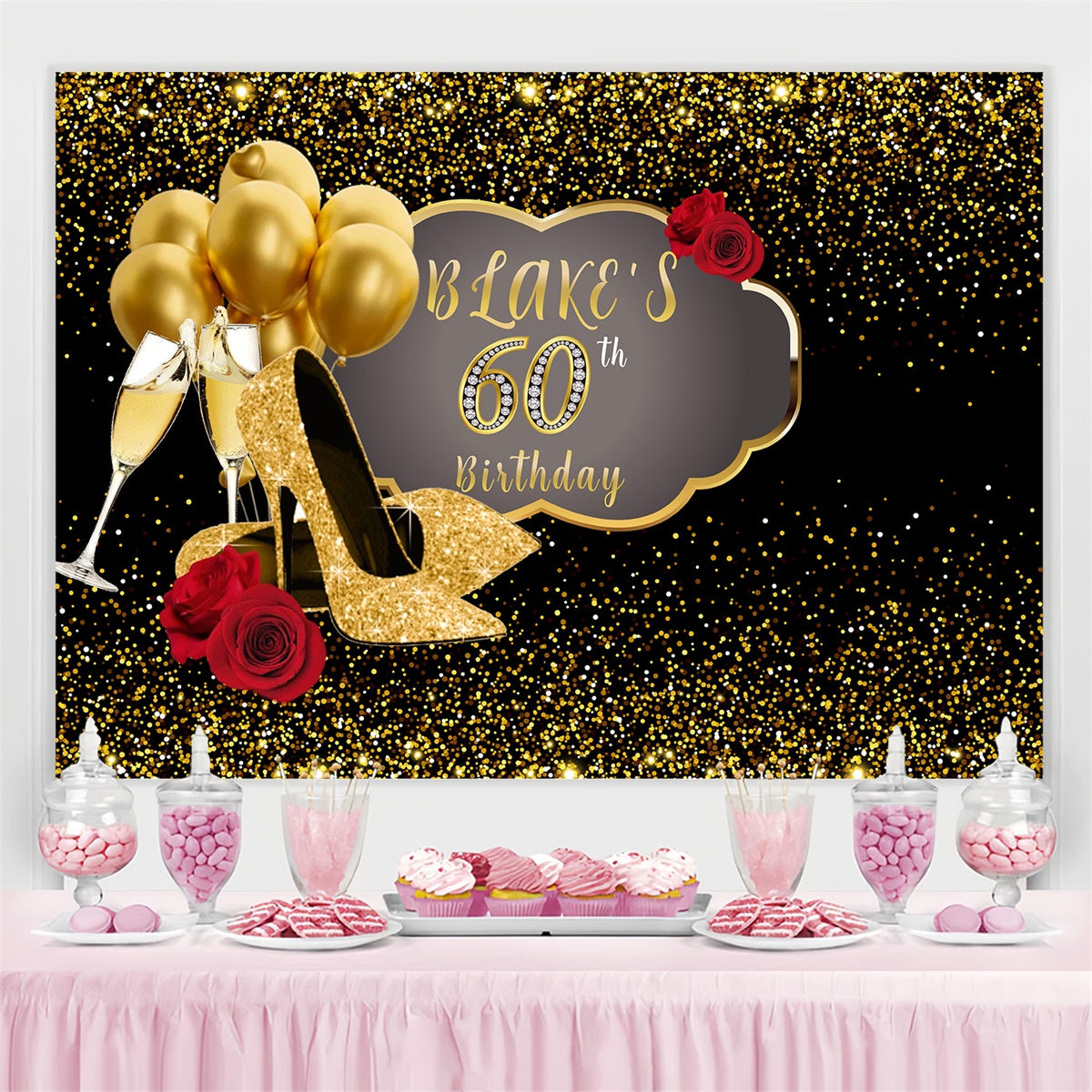 Personalized 60th Birthday Backdrop Red Rose Golden Heels Backdrop MRR3-152