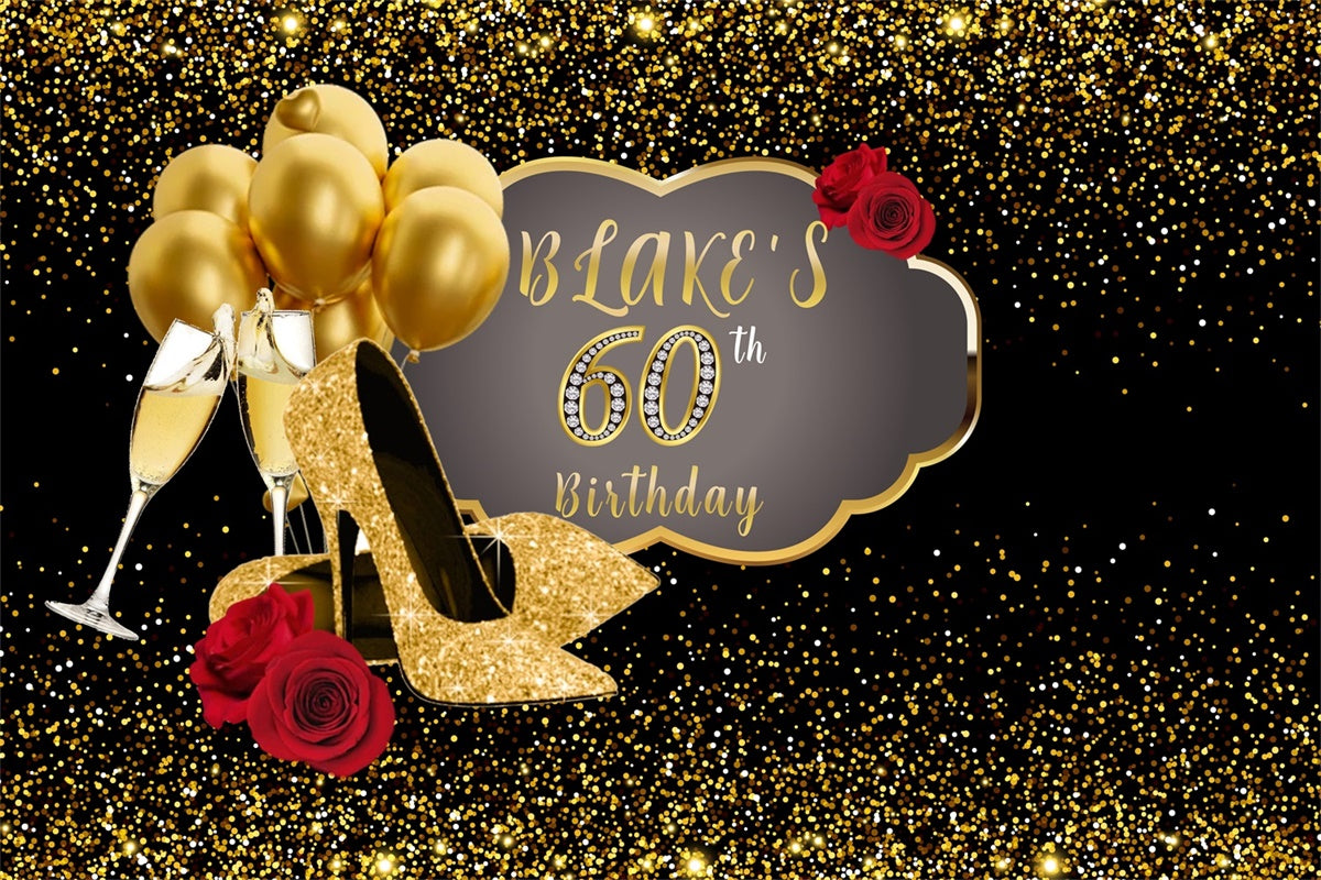 Personalized 60th Birthday Backdrop Red Rose Golden Heels Backdrop MRR3-152