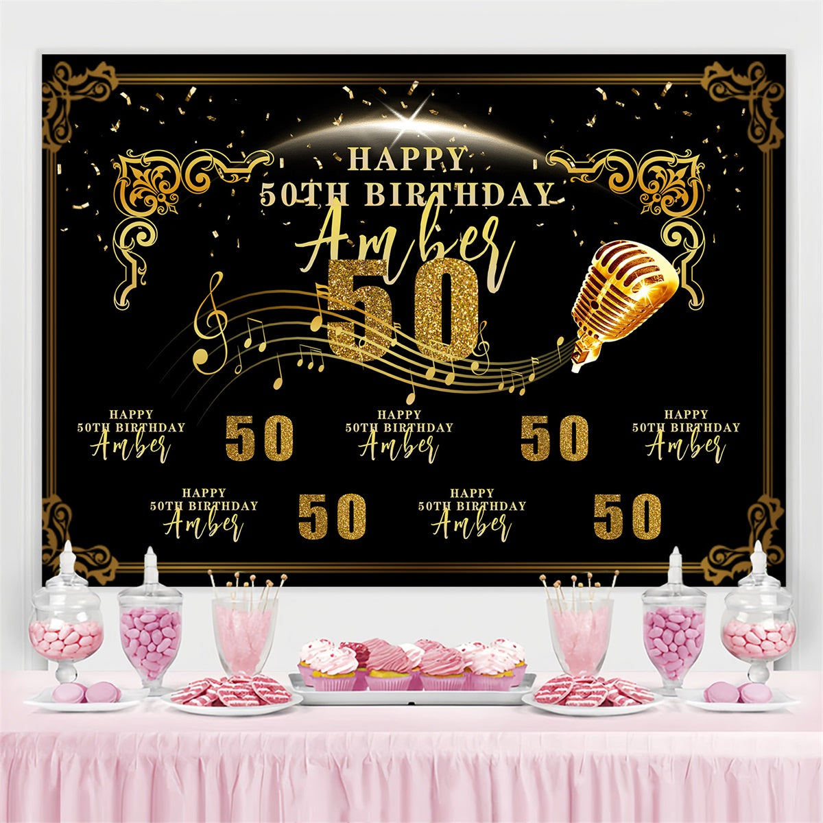 Custom Birthday Backdrops Sparkling Microphone Music Theme Backdrop MRR3-155