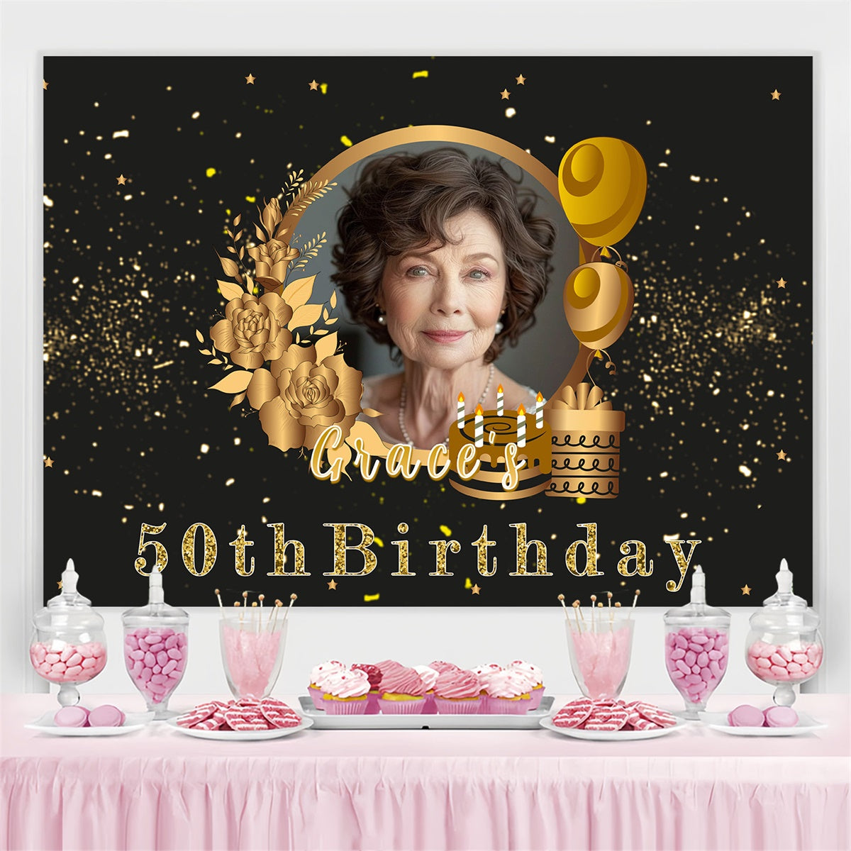 Personalized 50th Birthday Backdrop Chic Gold Floral Backdrop MRR3-159