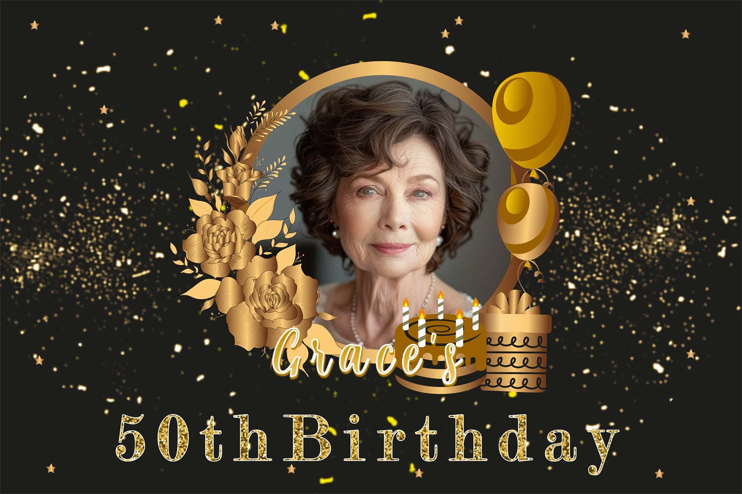 Personalized 50th Birthday Backdrop Chic Gold Floral Backdrop MRR3-159
