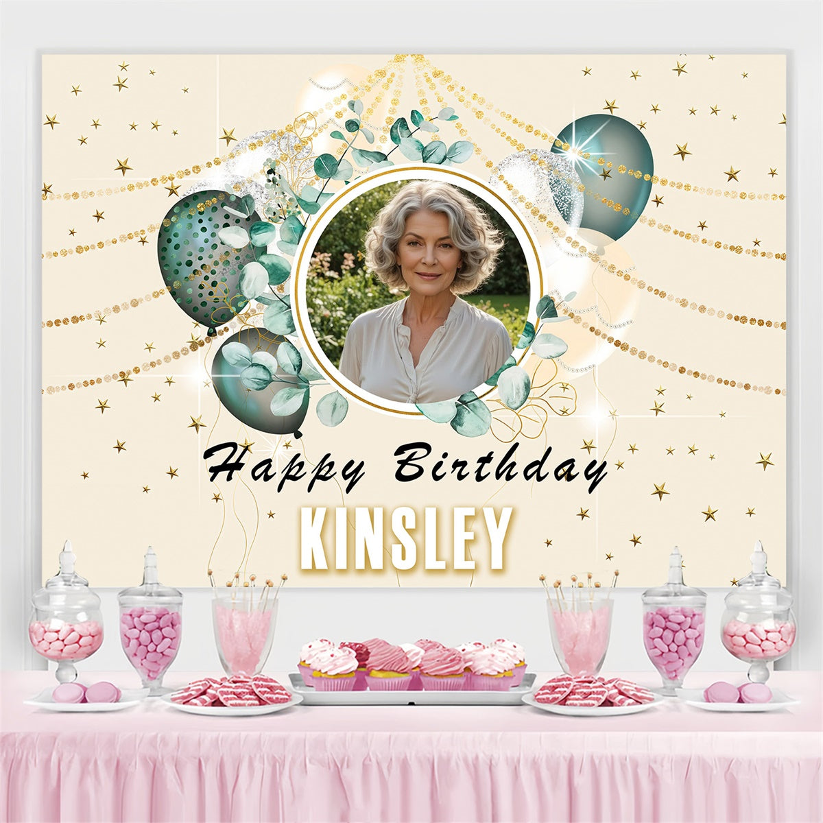 Personalized Birthday Backdrops Circle Frame Leafy Balloon Backdrop MRR3-161
