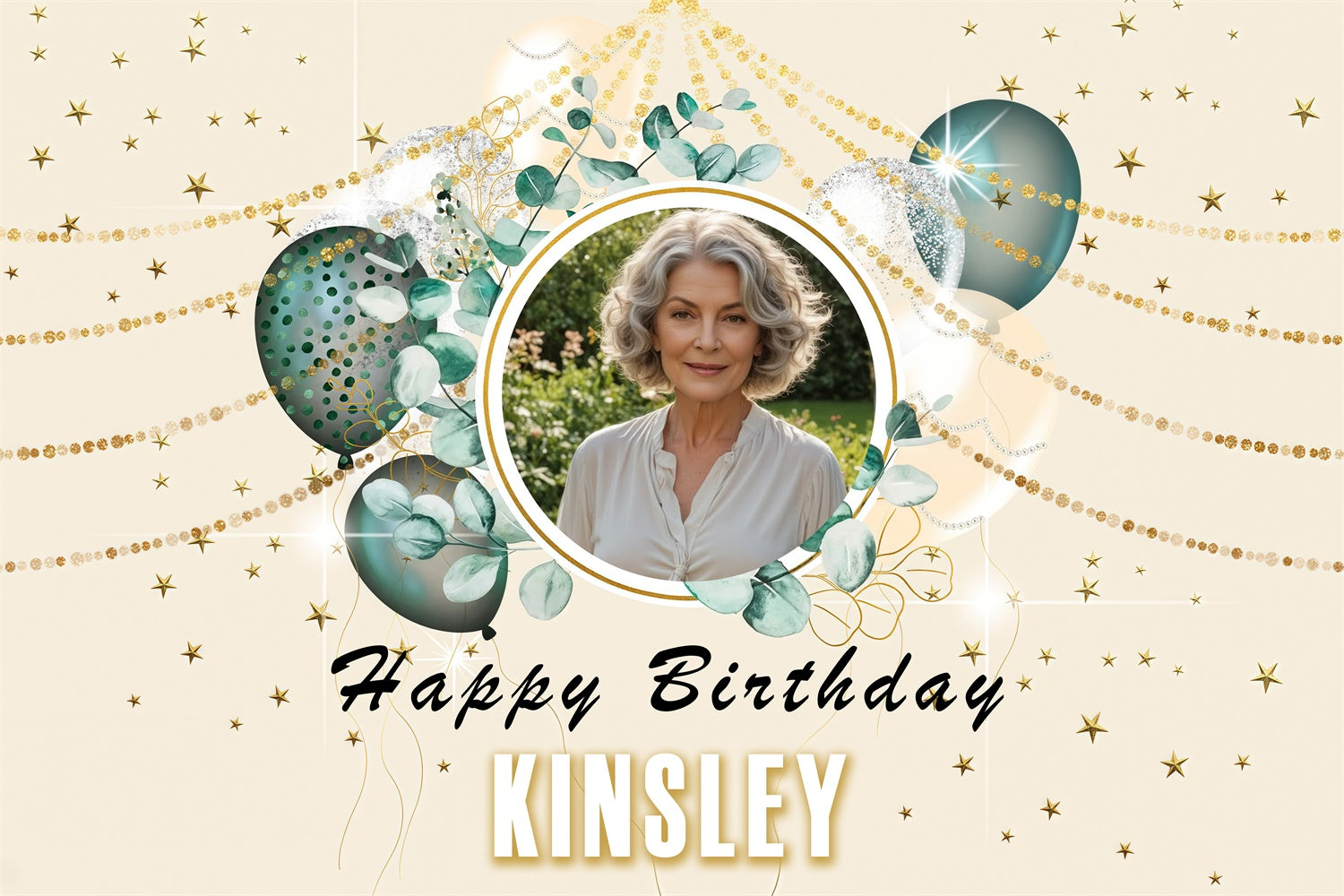 Personalized Birthday Backdrops Circle Frame Leafy Balloon Backdrop MRR3-161