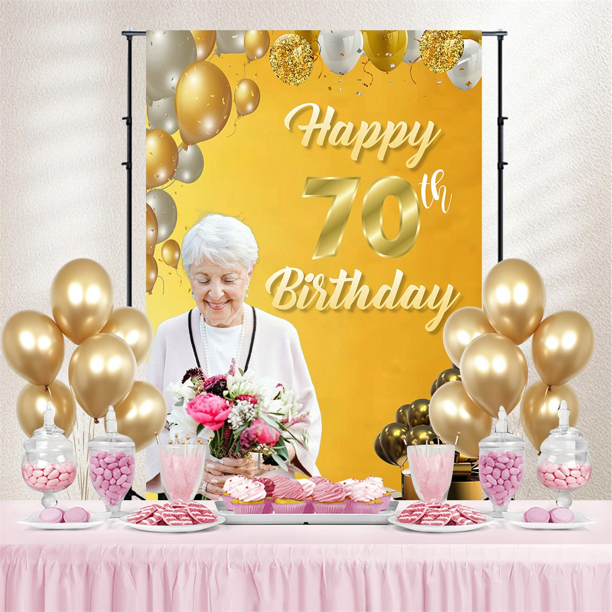Personalized 70th Birthday Backdrop Elegant Gold Balloon Backdrop MRR3-163