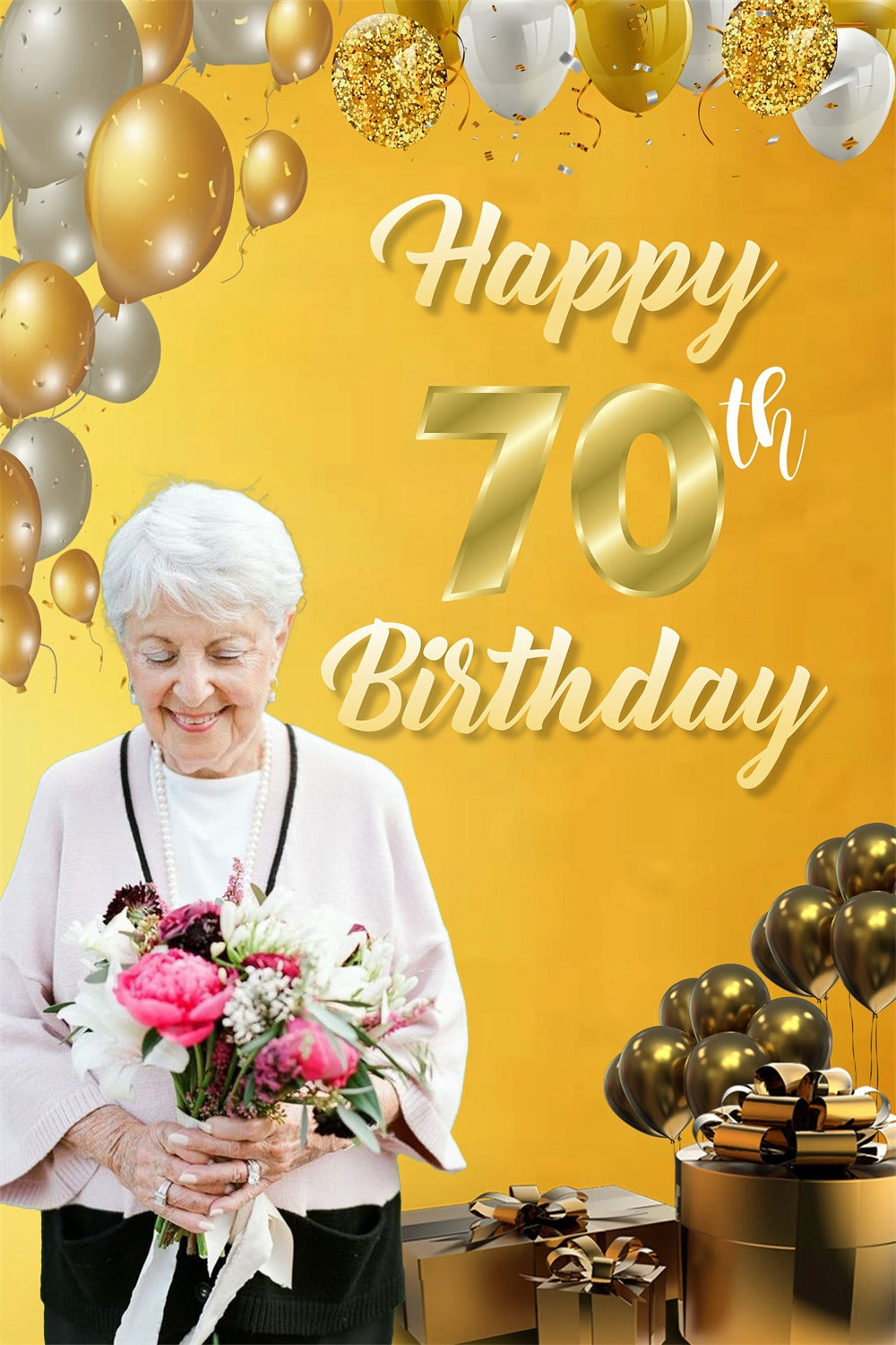 Personalized 70th Birthday Backdrop Elegant Gold Balloon Backdrop MRR3-163