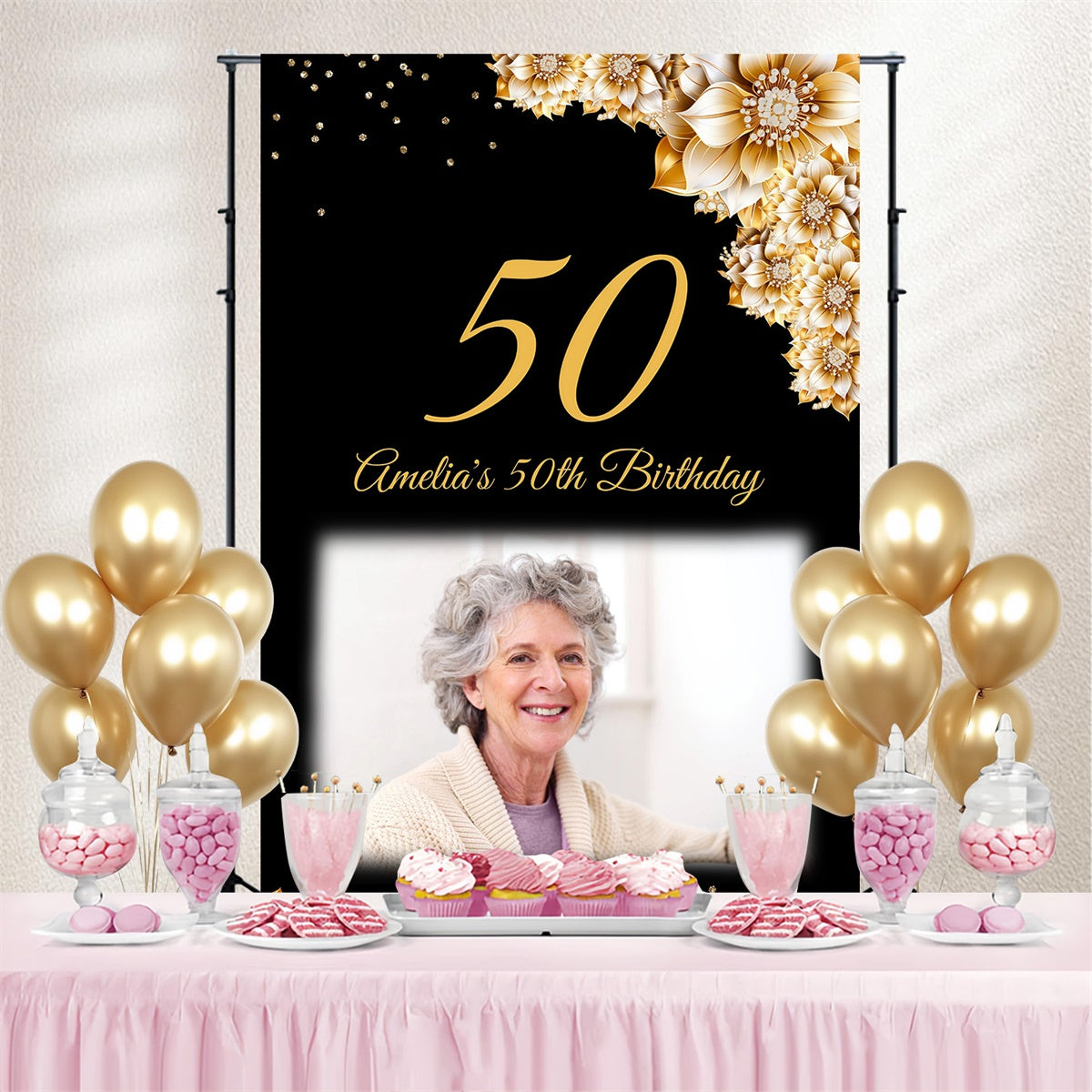 Personalized 50th Birthday Backdrop Elegant Gold Flower Backdrop MRR3-164