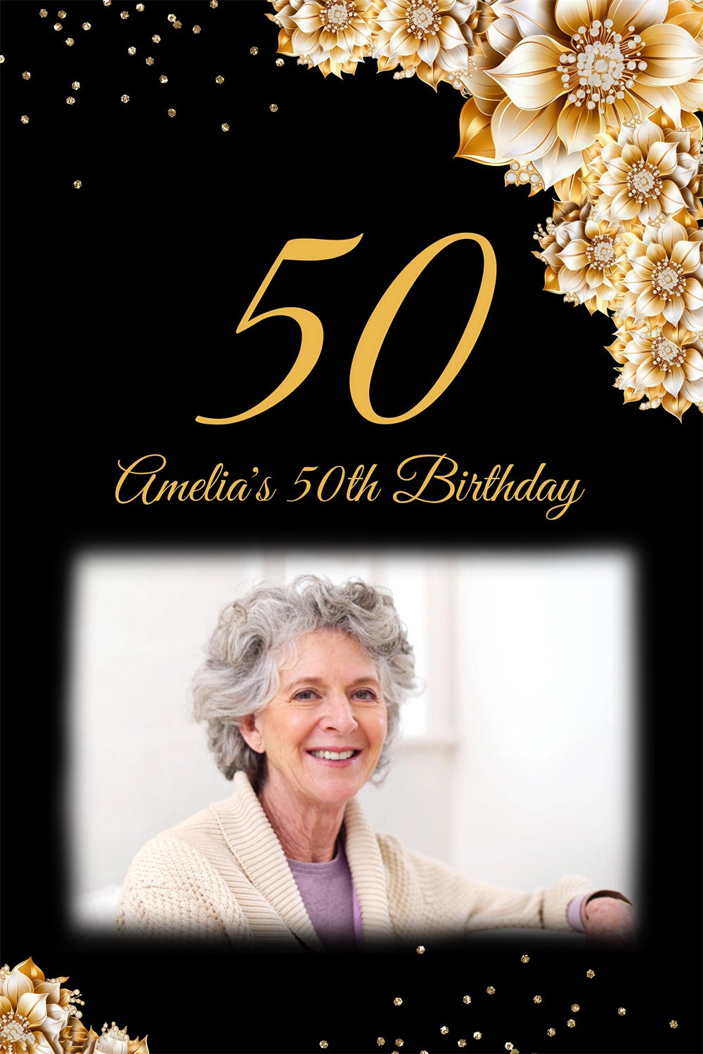 Personalized 50th Birthday Backdrop Elegant Gold Flower Backdrop MRR3-164