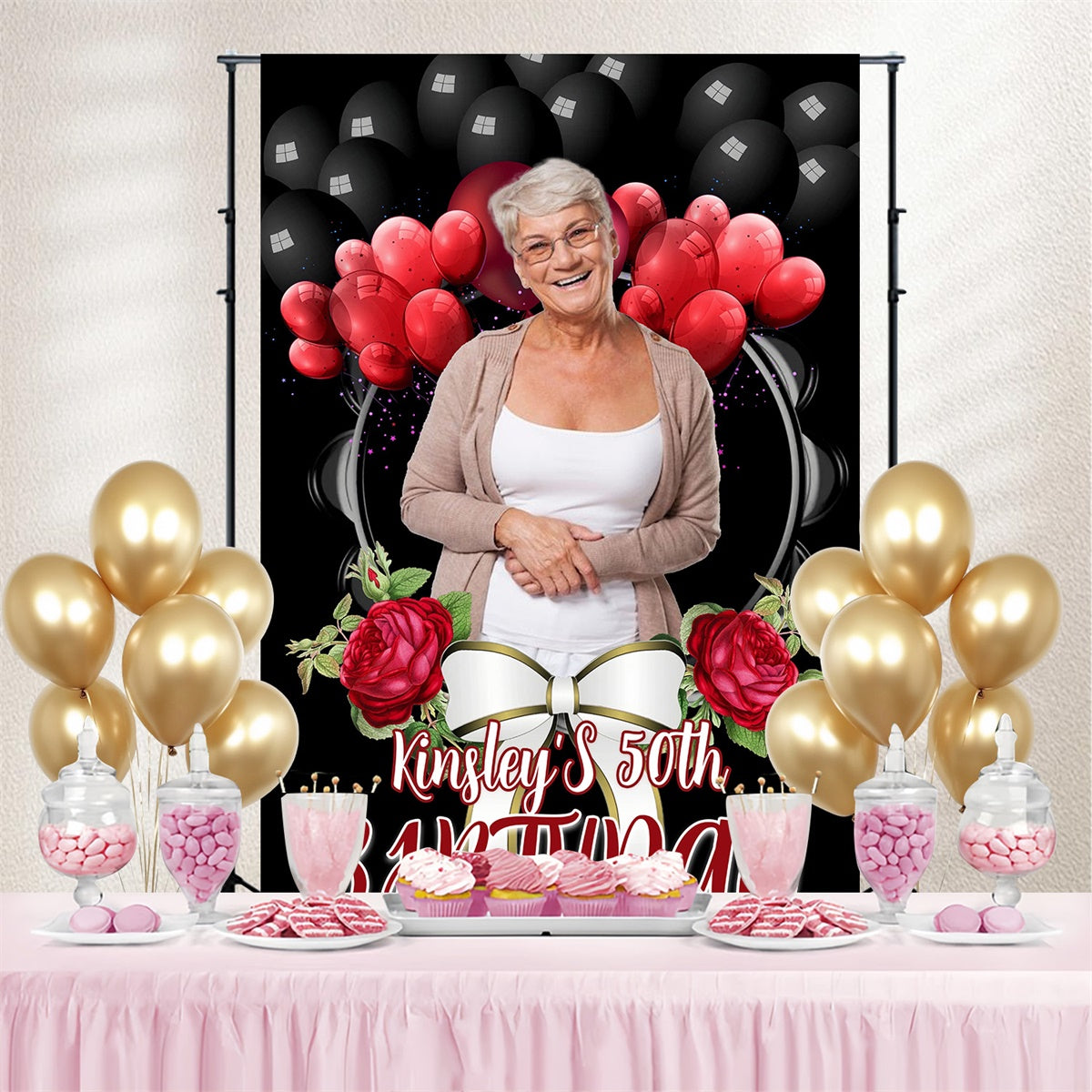 Customize Backdrop For Birthday Red Balloon Rose 50th Backdrop MRR3-165