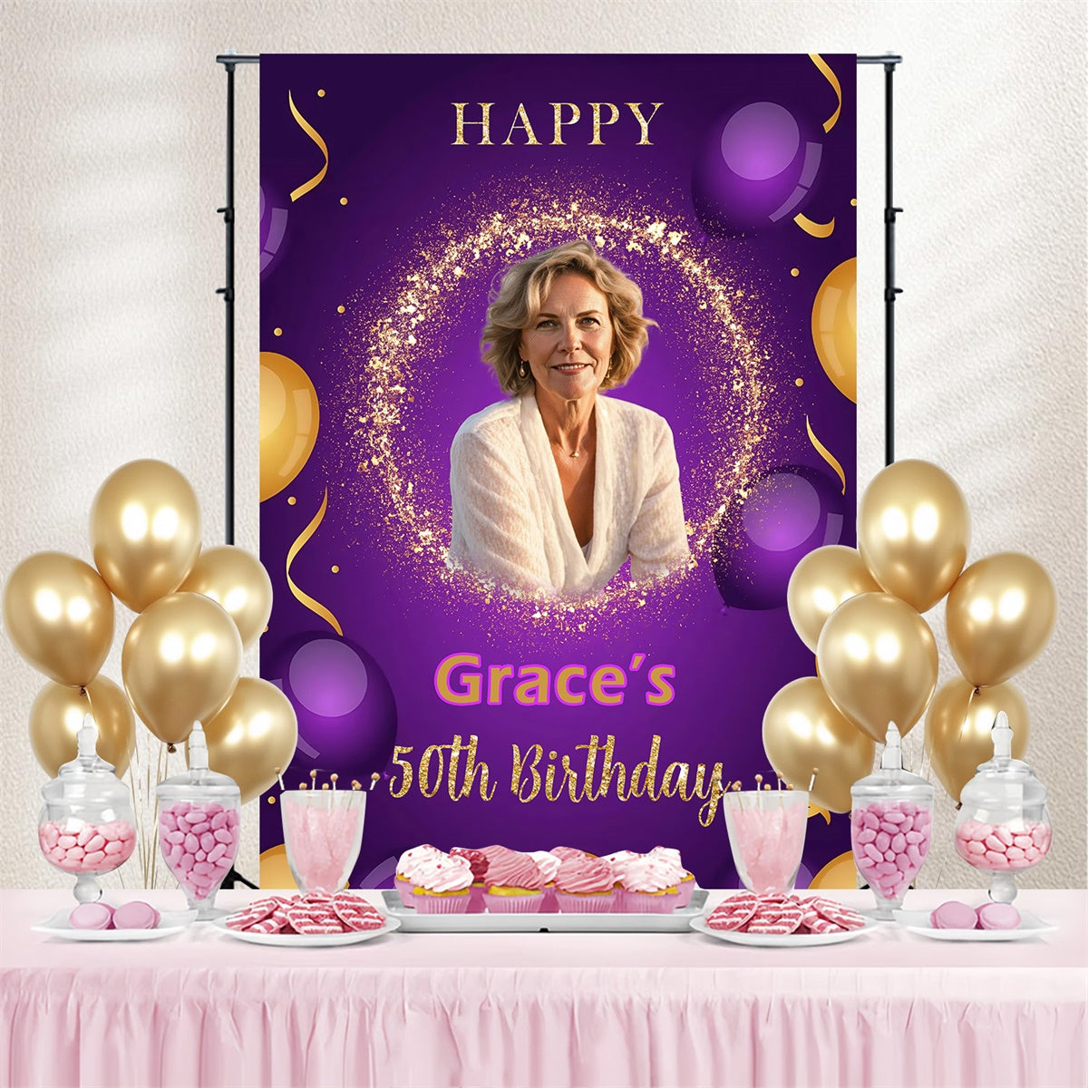 Personalized 50th Birthday Backdrop Elegant Purple Sparkle Backdrop MRR3-166