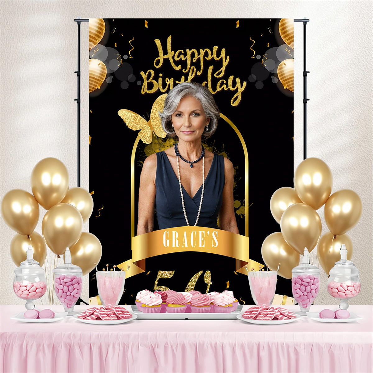 Custom Birthday Backdrops Chic Gold Butterfly 50th Birthday Backdrop MRR3-168