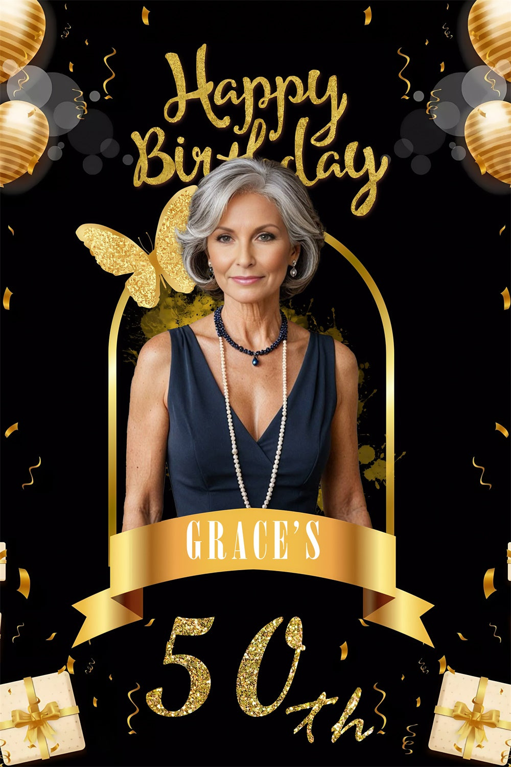 Custom Birthday Backdrops Chic Gold Butterfly 50th Birthday Backdrop MRR3-168