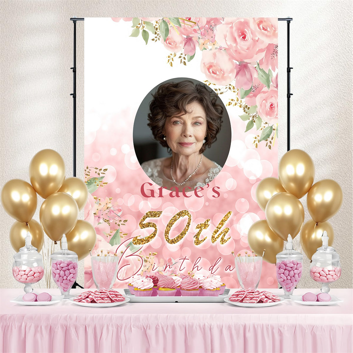 Personalized 50th Birthday Backdrop Romantic Floral Elegant Backdrop MRR3-169
