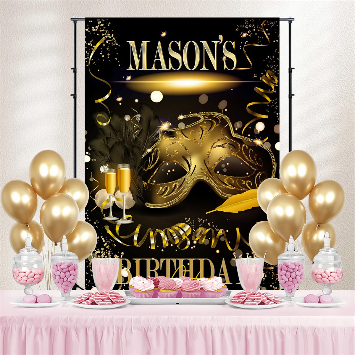 Customized Backdrop For Birthday Elegant Mask Gold Theme Backdrop MRR3-170