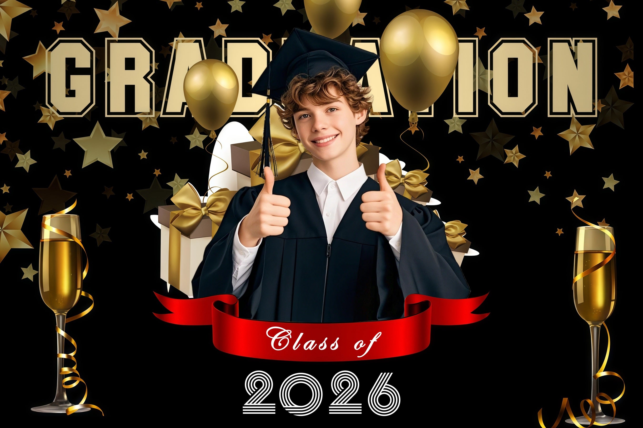 Graduation Photo Backdrop Champagne Stars Balloon Personalized Party Graduation Backdrop MRR3-172