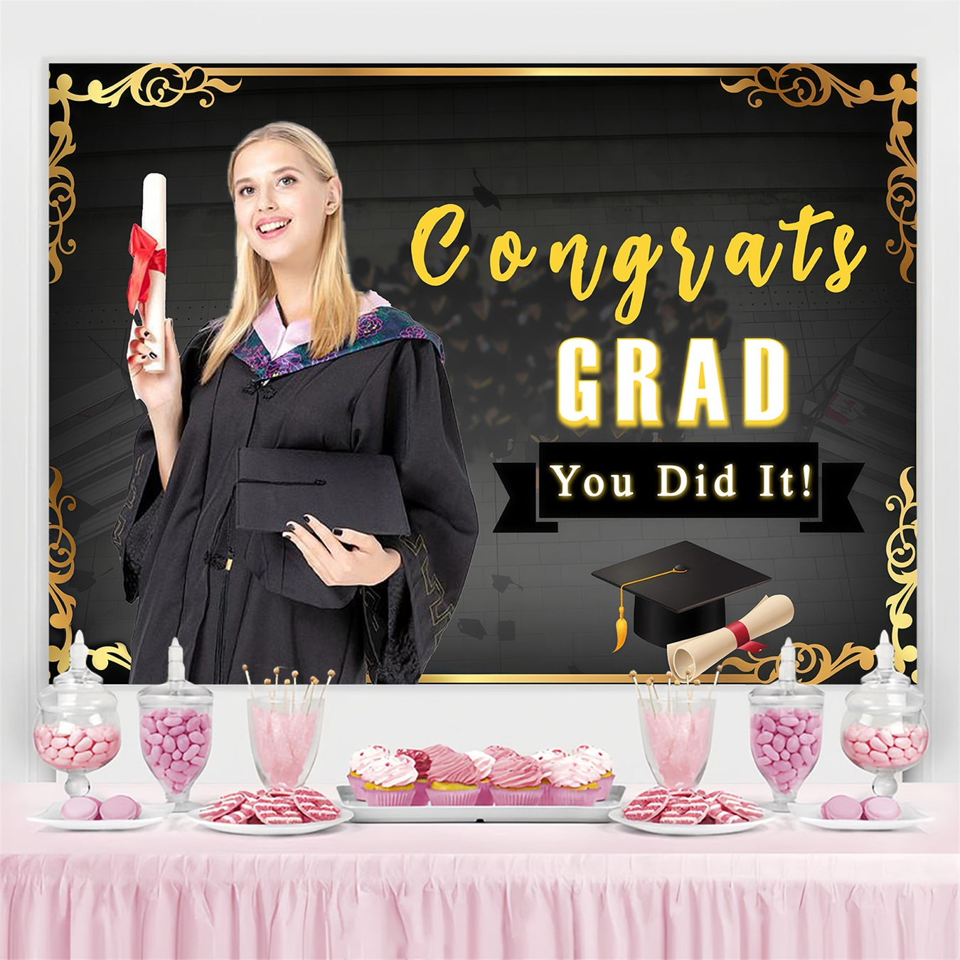 2025 Graduation Backdrop Black Gold Hat Customized Party Graduation Backdrop MRR3-173