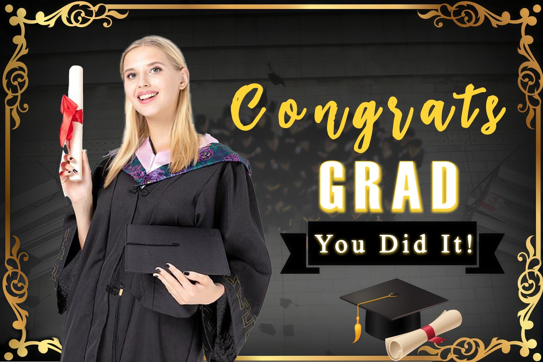 2025 Graduation Backdrop Black Gold Hat Customized Party Graduation Backdrop MRR3-173
