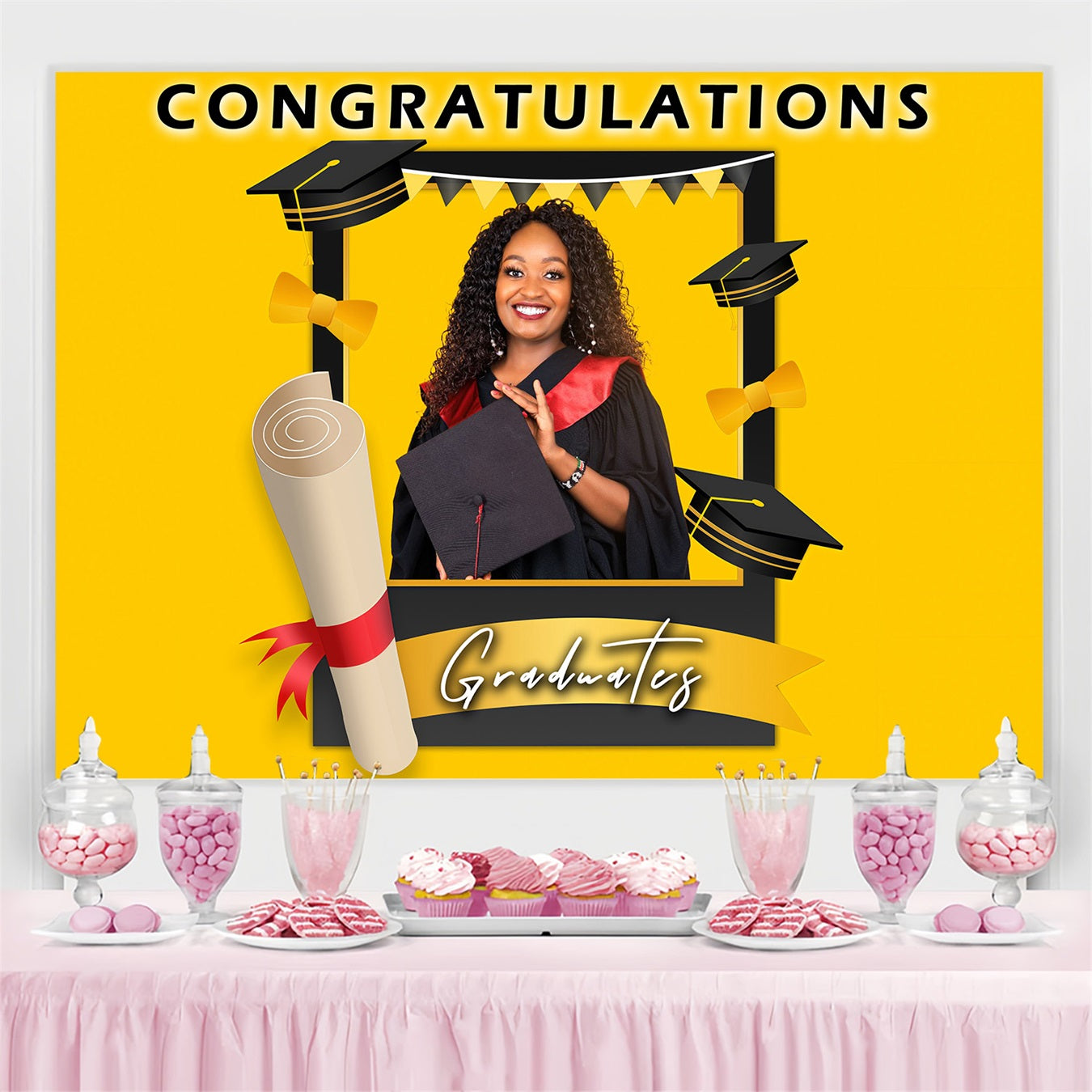 Graduation Backdrop Photoshoot Yellow Cap Frame Personalised Party Graduation Backdrop MRR3-174
