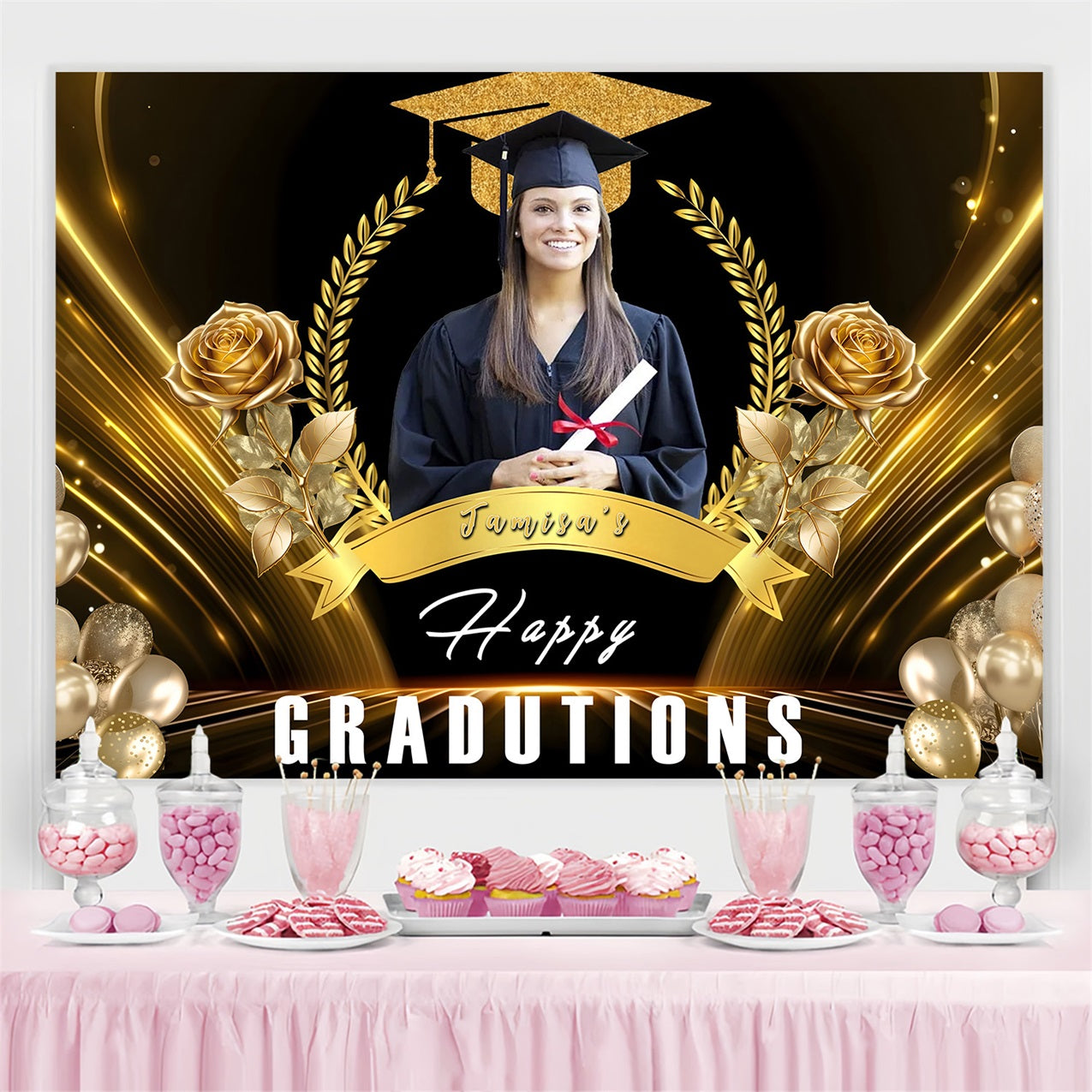 Graduated Backdrop Gold Cap Roses Balloons Personalized Party Graduation Backdrop MRR3-176