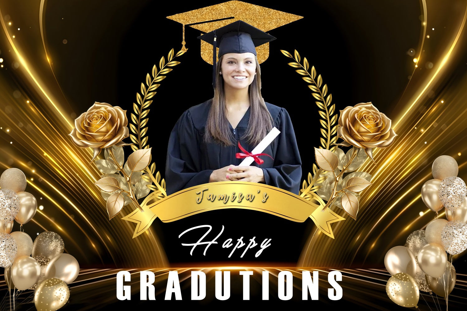 Graduated Backdrop Gold Cap Roses Balloons Personalized Party Graduation Backdrop MRR3-176