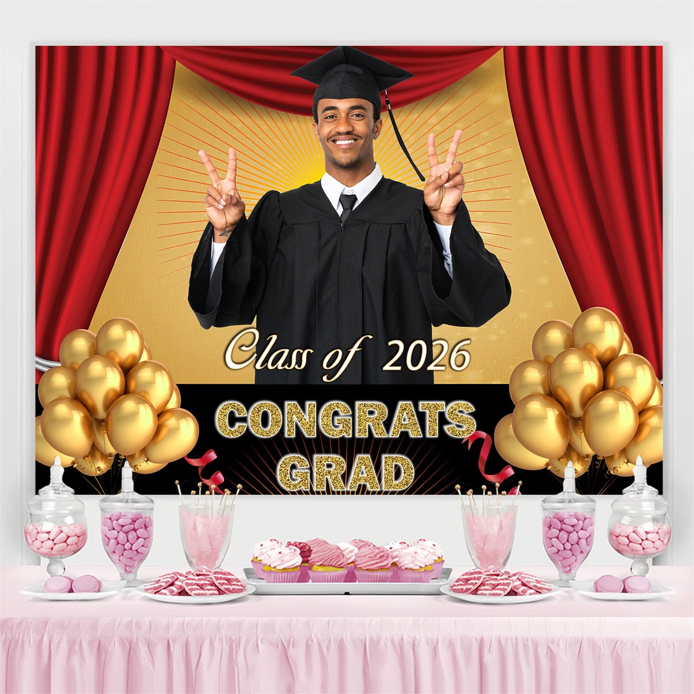 Backdrop Graduation Red Drapes Gold Balloons Personalised Party Graduation Backdrop MRR3-182