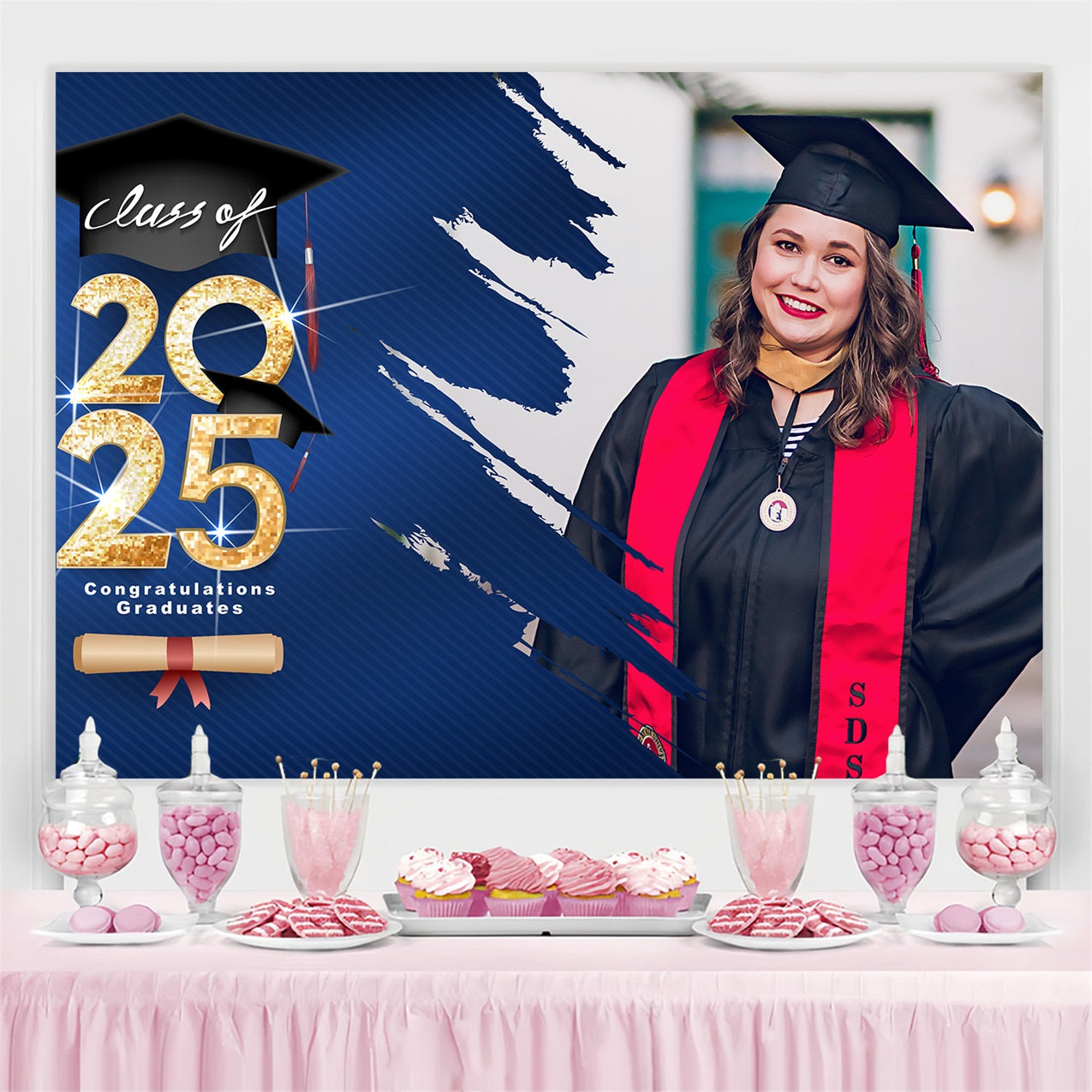 Graduation Backdrop Blue Sparkle Blue Theme Custom Party Graduation Backdrop MRR3-187