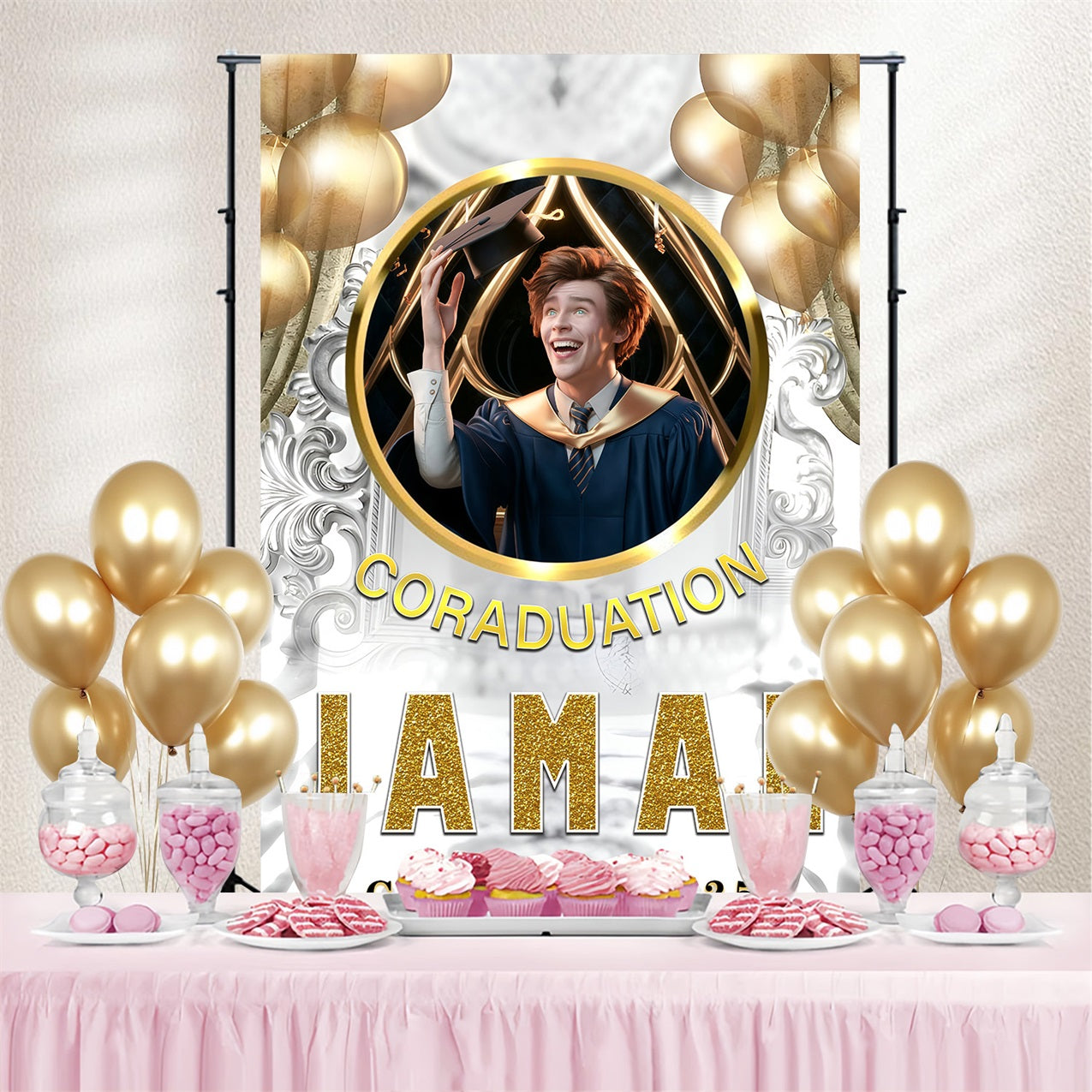 Graduated Backdrop White Gold Balloon Customized Party Graduation Backdrop MRR3-194