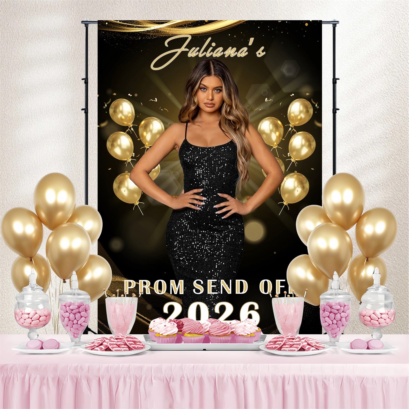 Prom 2026 Backdrop Gold Sparkle Balloon Customized Party Graduation Backdrop MRR3-198
