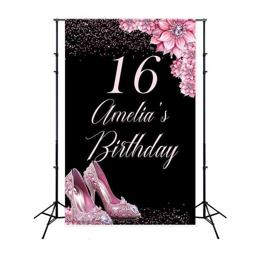 Personalized Birthday Backdrop Pink Shoes Sweet 16 Backdrop MRR3-22