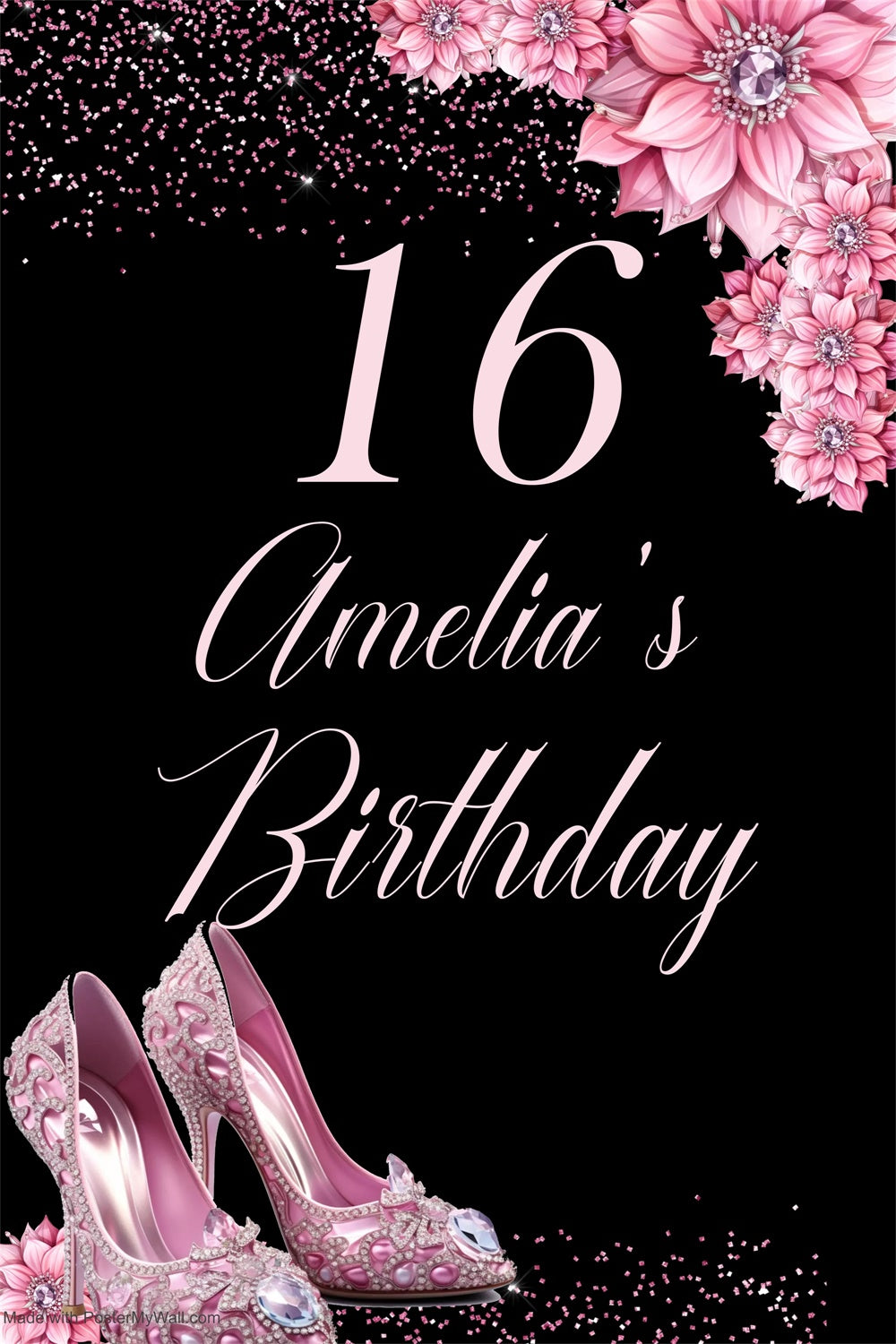 Personalized Birthday Backdrop Pink Shoes Sweet 16 Backdrop MRR3-22