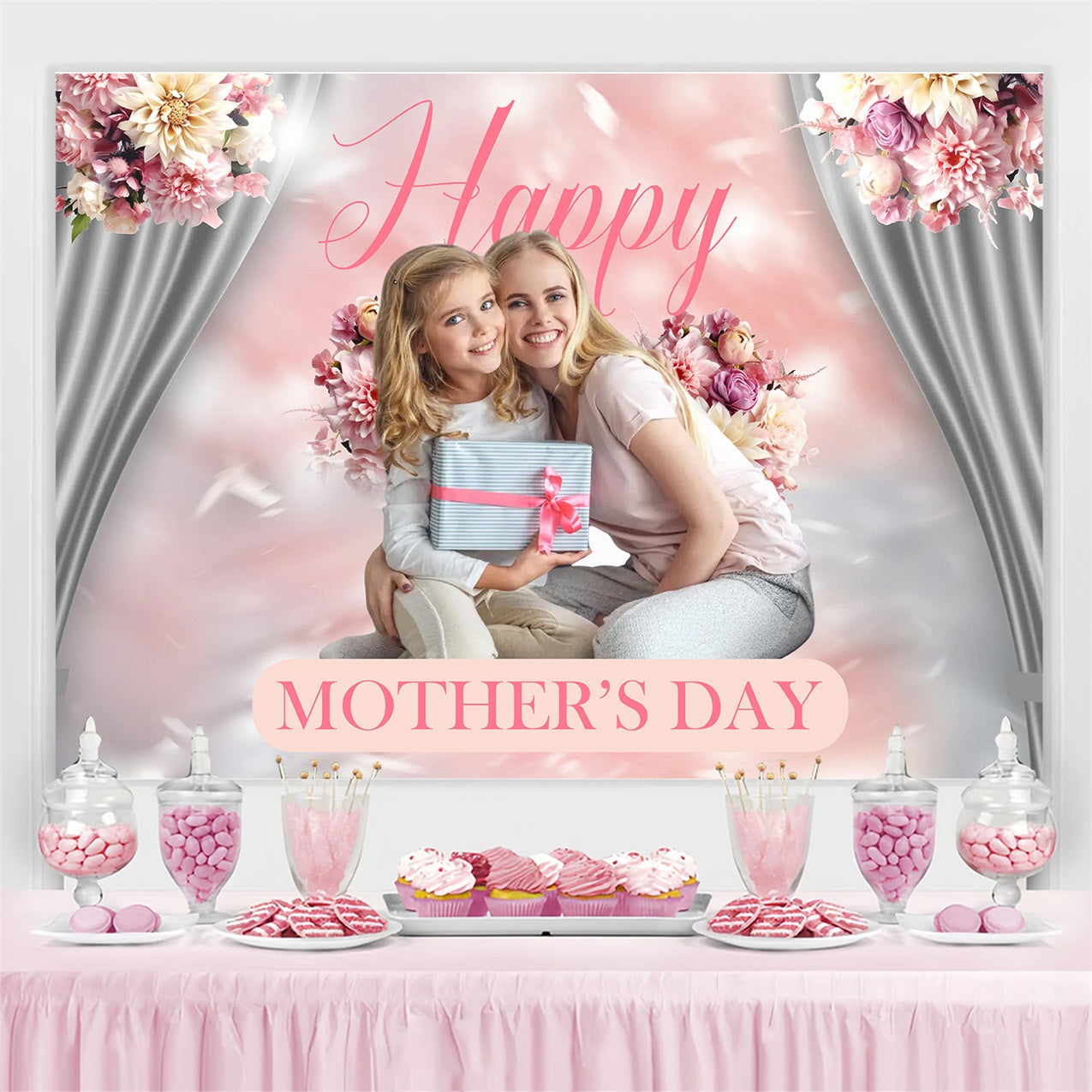 Backdrops For Mother's Day Pastel Flower Curtain Personalised Backdrop MRR3-34