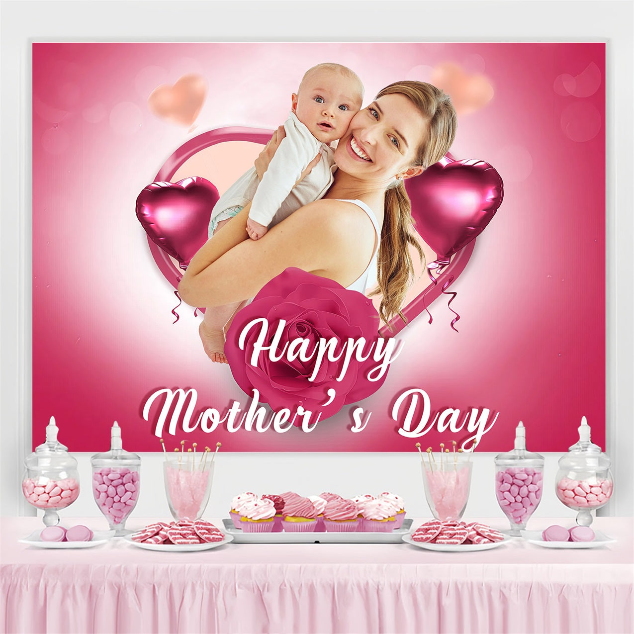 Happy Mother's Day Backdrop Love Heart Balloon Rose Personalized Backdrop MRR3-47