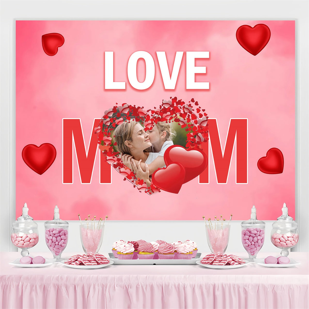 Mothers Day Backdrop Red Heart Love Mom Customized Backdrop MRR3-62