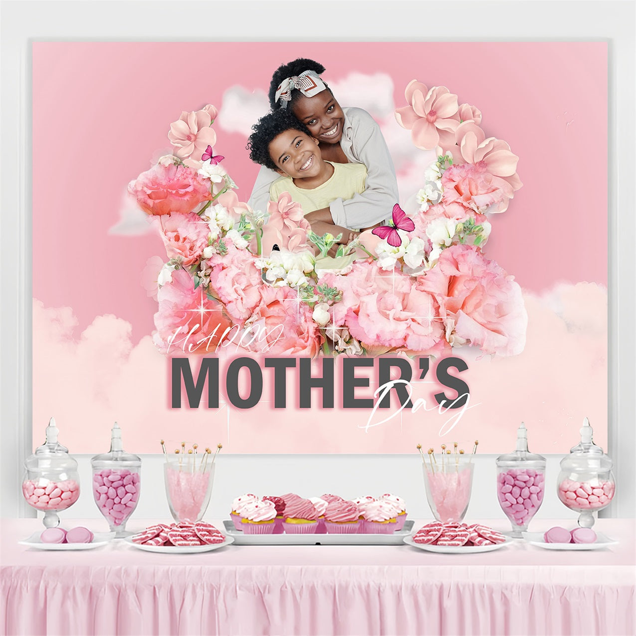 Mother's Day Photography Backdrops Cloudy Pink Floral Personalized Backdrop MRR3-67