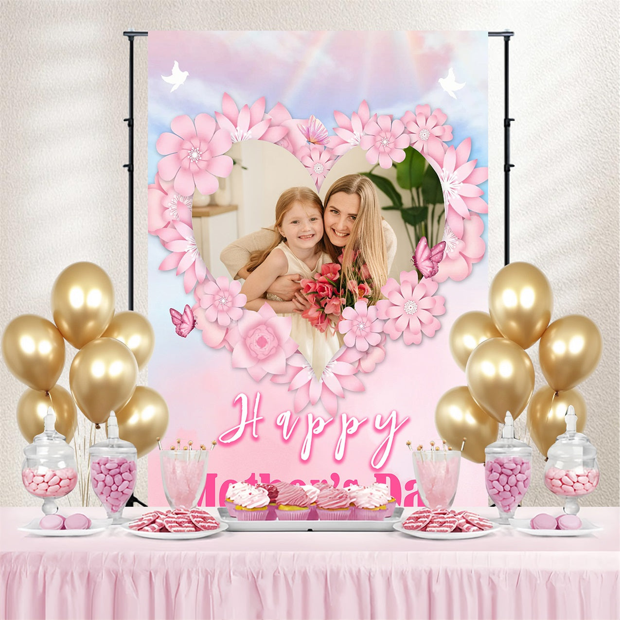 Backdrop For Mother's Day Heart-Shaped Floral Frame Customized Backdrop MRR3-72