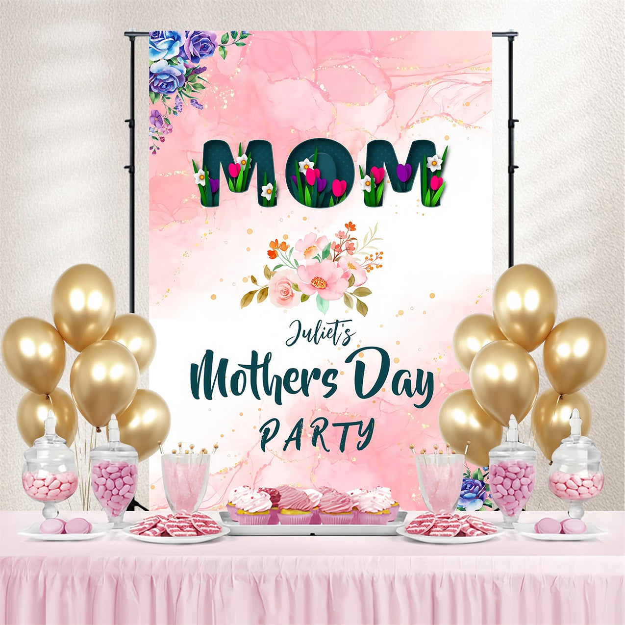 Happy Mother's Day Backdrop Pastel Pink Flowers Personalized Backdrop MRR3-73
