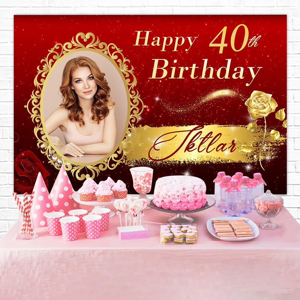 Personalized 40th Birthday Backdrop Golden Rose Backdrop MRR3-8