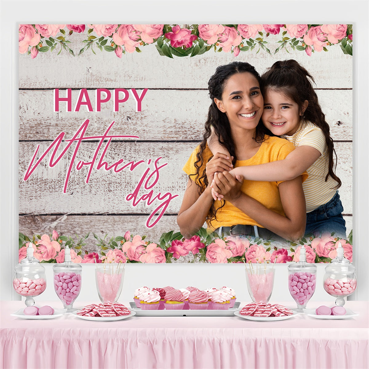 Mother's Day Photo Backdrop Rustic Floral Wooden Custom Backdrop MRR3-88