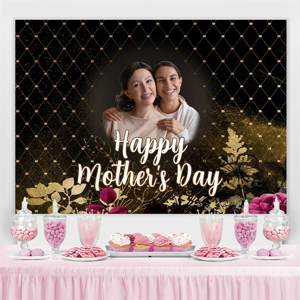 Mothers Day Photo Backdrop Luxurious Black Gold Custom Backdrop MRR3-98