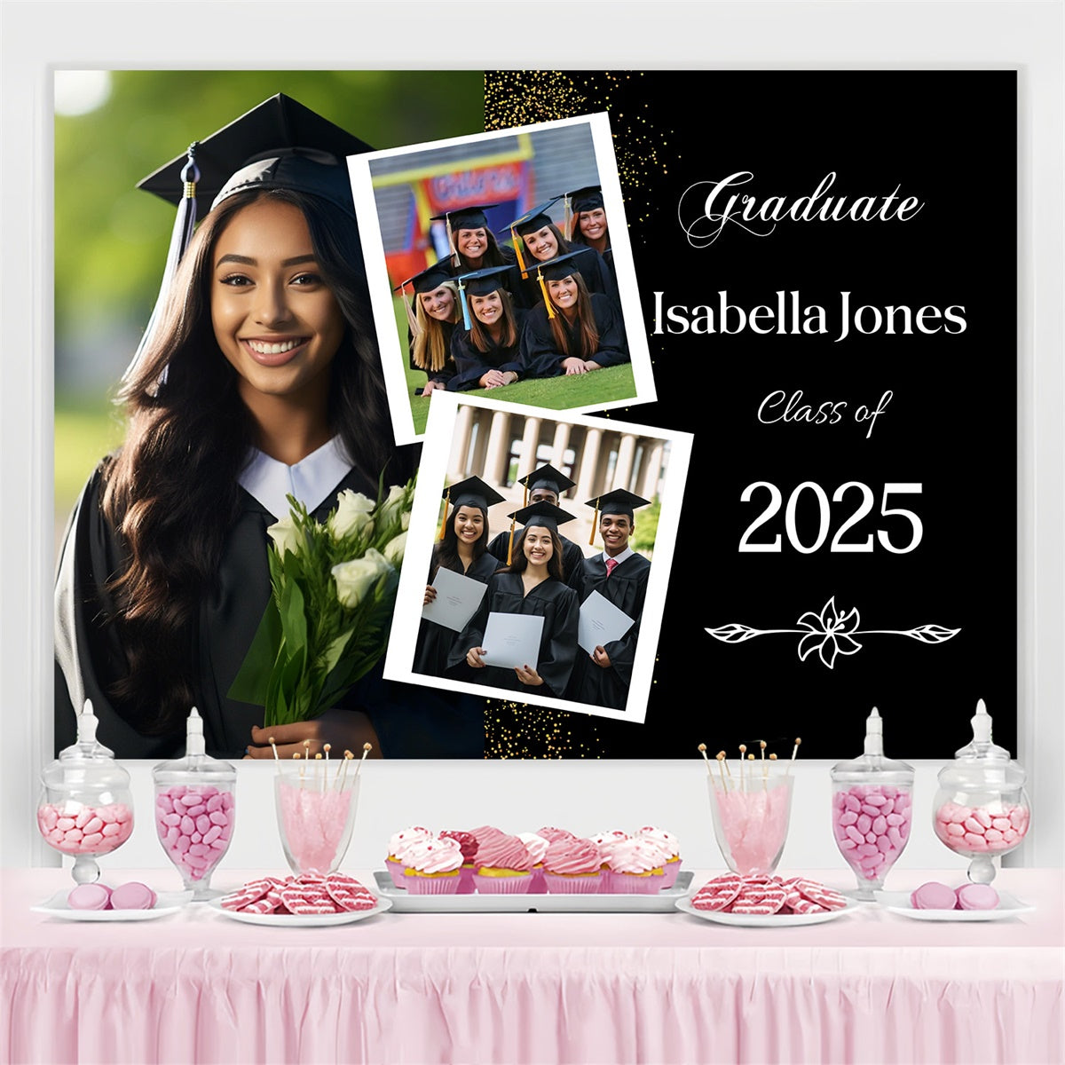 Custom Graduation Backdrop Elegant Black Gold Graduation Party Backdrop MRR4-1