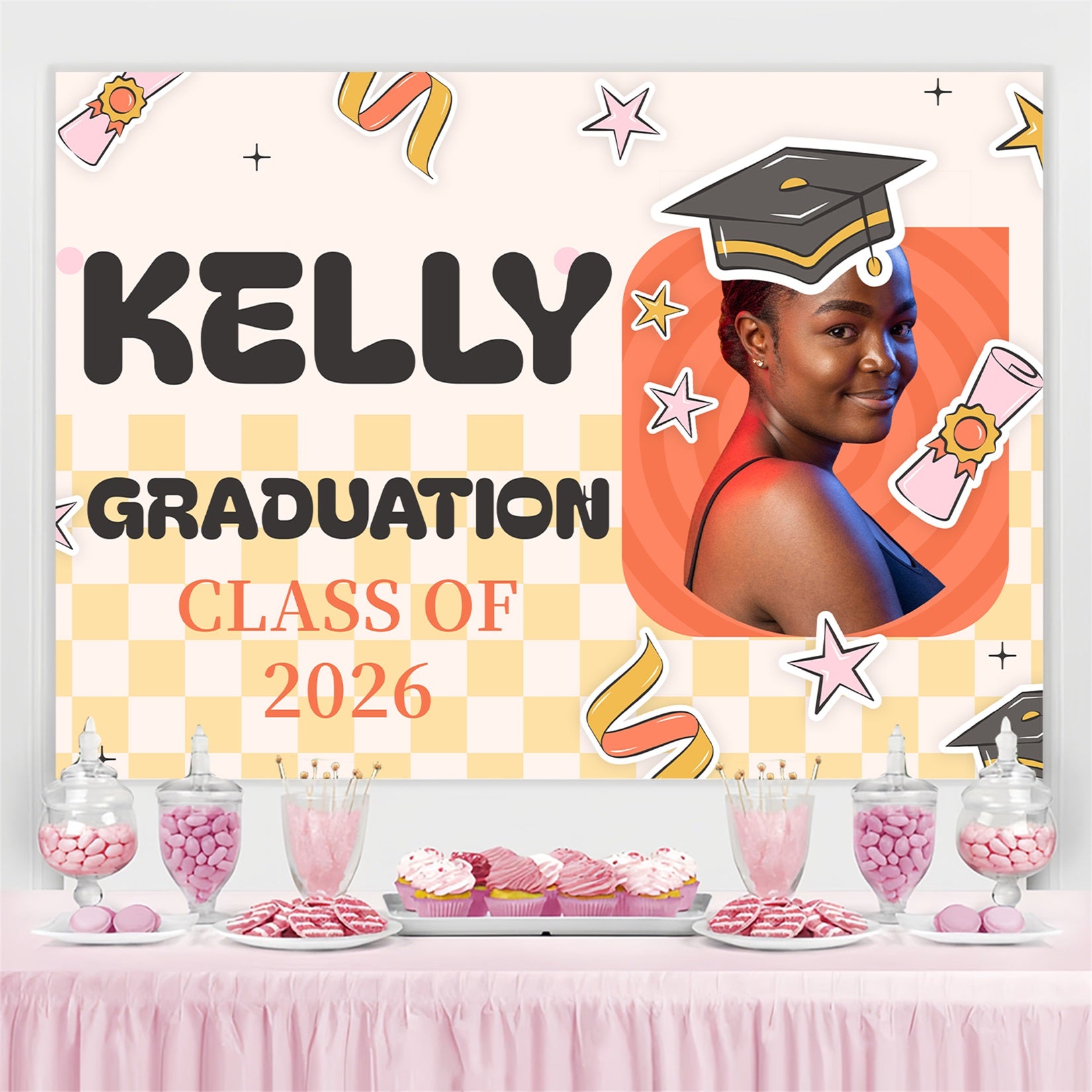 Custom Graduation Backdrop 2026 Cartoon Style Graduation Party Backdrop MRR4-13