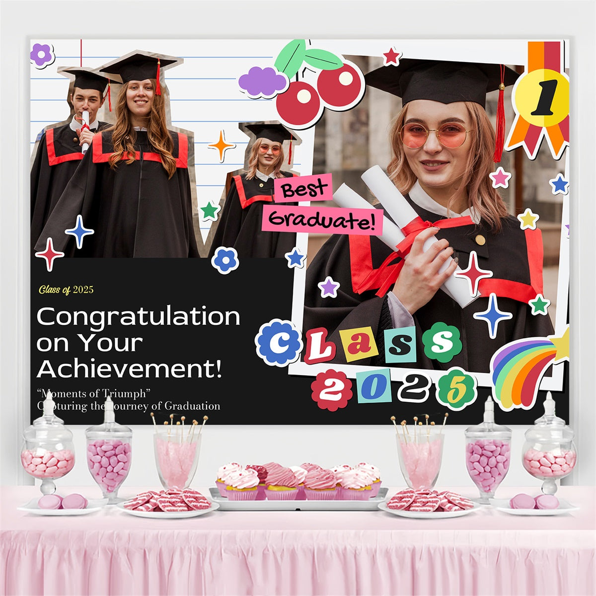 Custom Graduation Backdrops Cute Sticker Style Graduation Party Backdrop MRR4-15