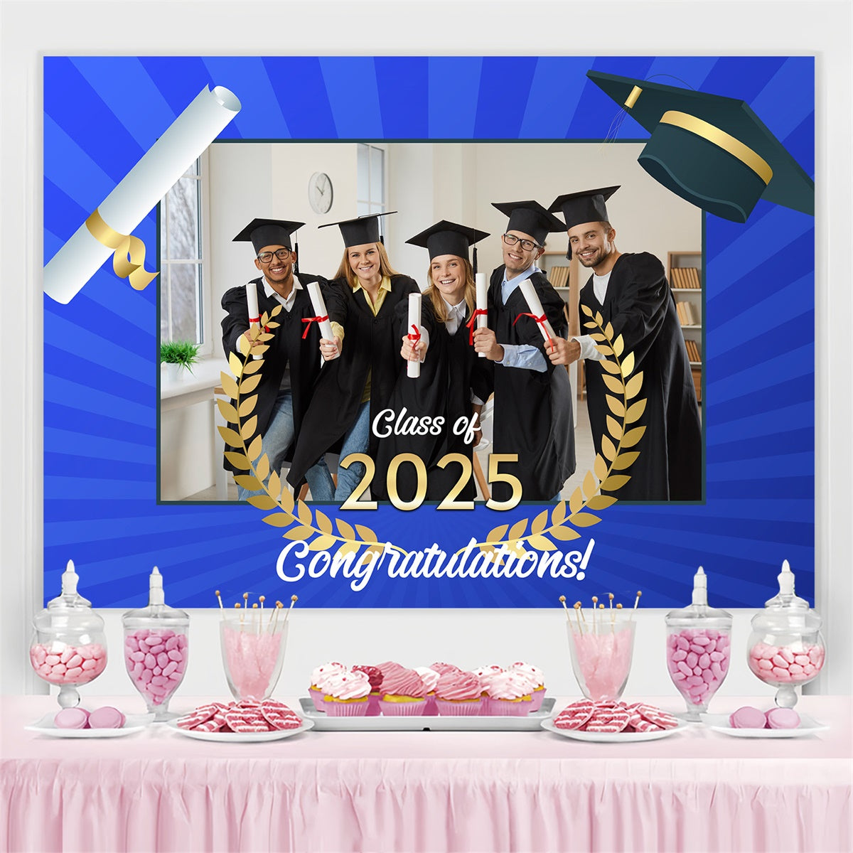 Customized Graduation Backdrop Laurel Wreath Blue Graduation Party Backdrop MRR4-16