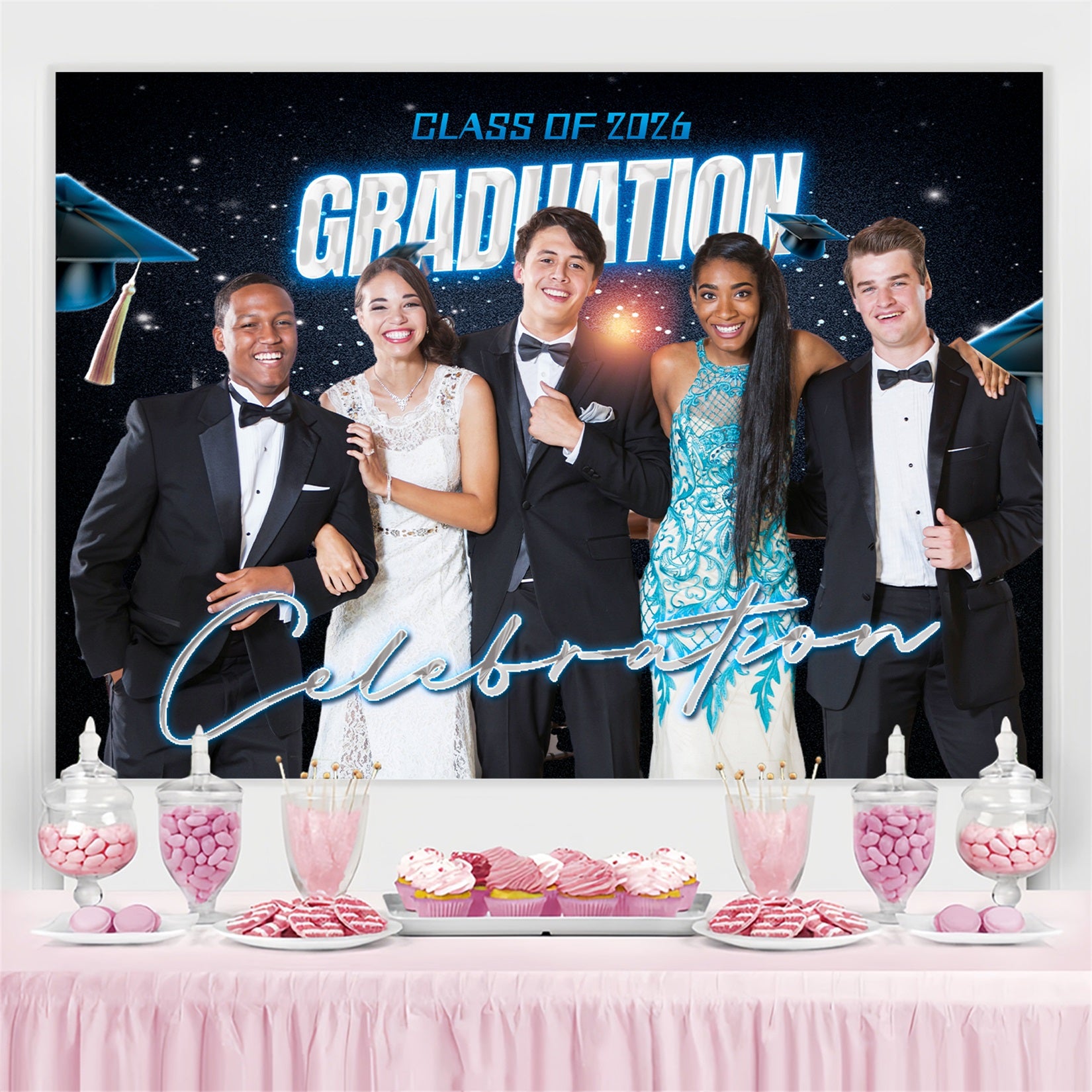 Blue Graduation Backdrop Twinkling Stars 2026 Personalised Party Graduation Backdrop MRR4-43