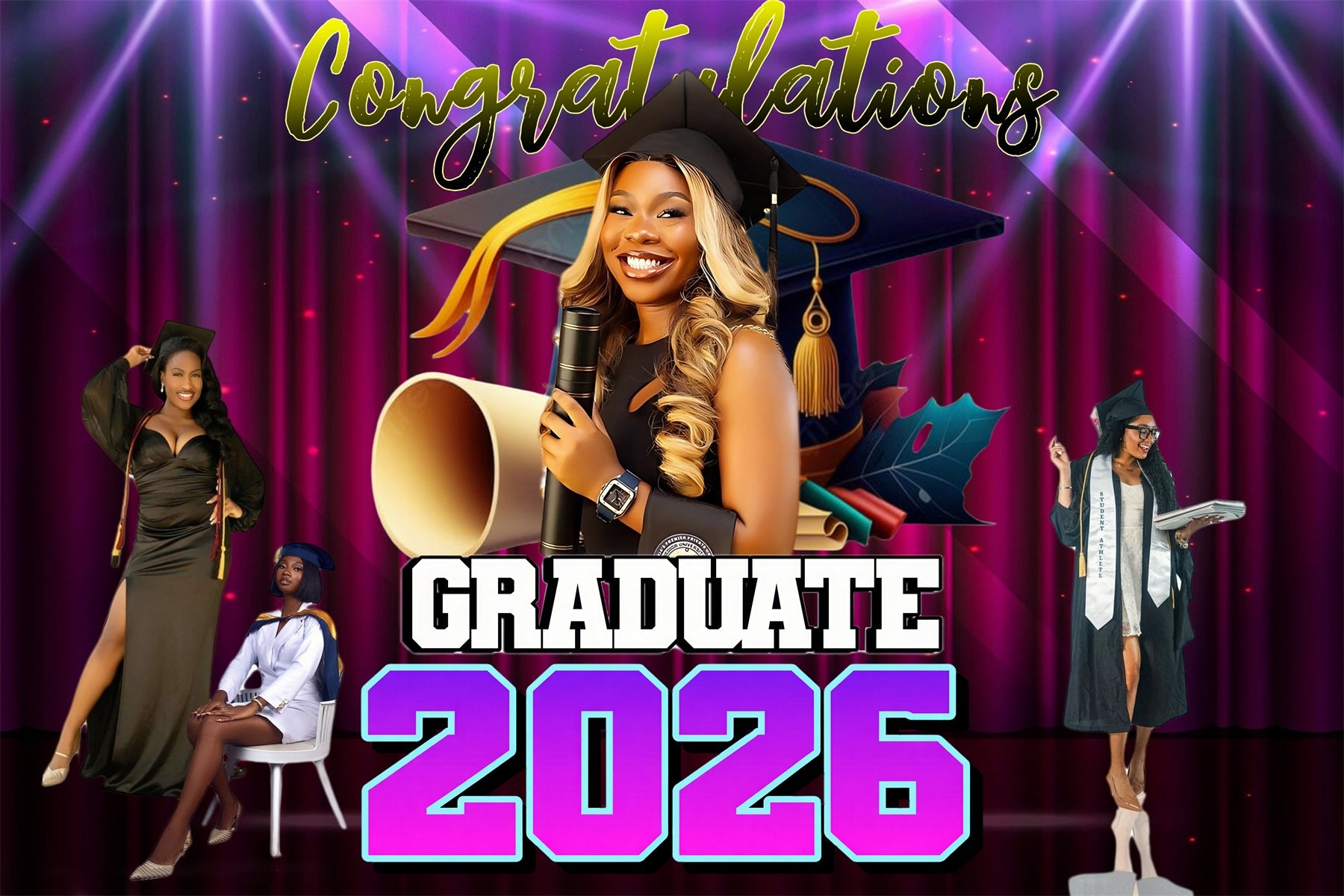 Graduation Backdrop Photoshoot Spotlight Stage Personalized Party Graduation Backdrop MRR4-45