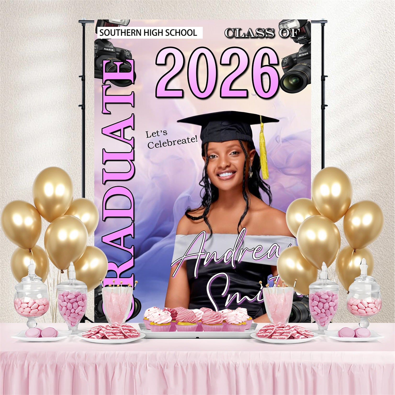 Graduation Photoshoot Backdrop Pastel Purple Cameras Customized Party Graduation Backdrop MRR4-46
