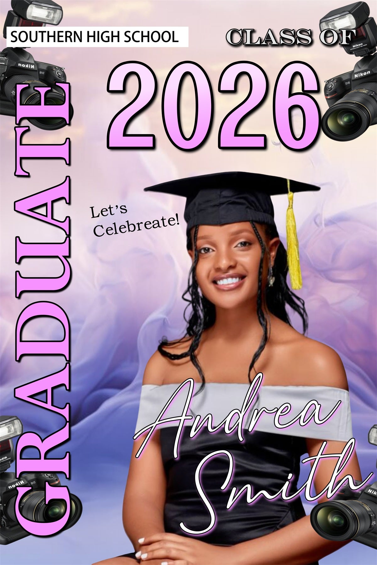 Graduation Photoshoot Backdrop Pastel Purple Cameras Customized Party Graduation Backdrop MRR4-46