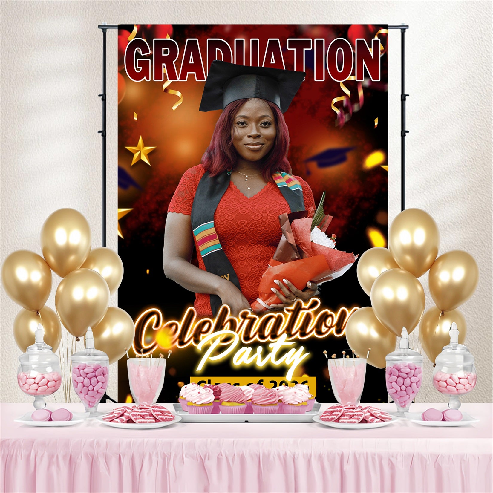 2026 Graduation Backdrop Bold Red Balloon Personalised Party Graduation Backdrop MRR4-60