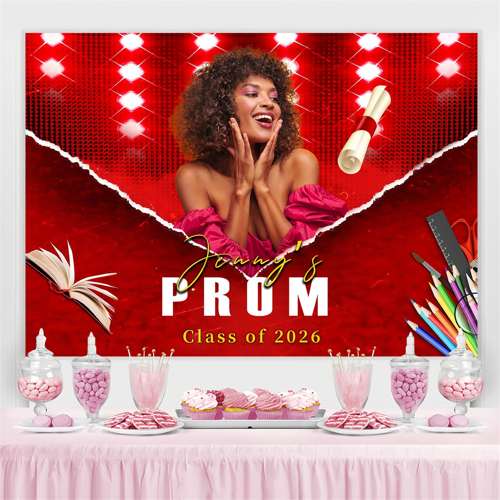 Prom Backdrop Glow Red Spotlight Graduation Party Backdrop MRR4-8